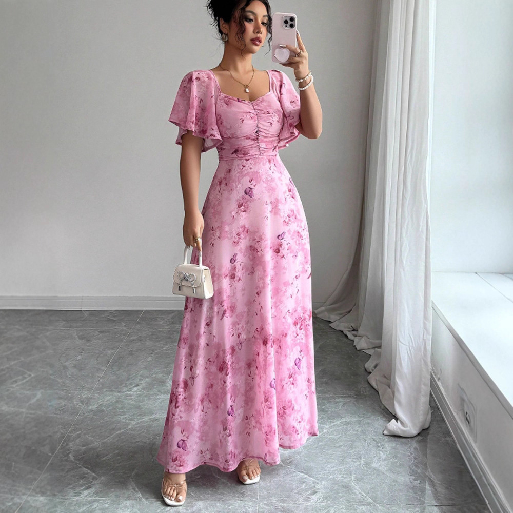 Flowers Printed Lotus Sleeve Dress Summer Elegant Slim Dresses Women's Clothing - Image 3