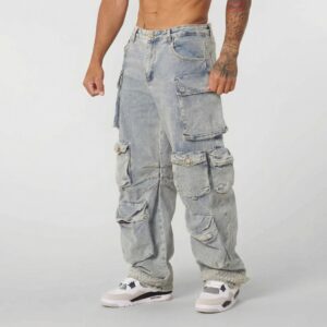 Mens Retro-style Loose-fit Washed Straight-leg Denim Jeans With Multiple Pockets