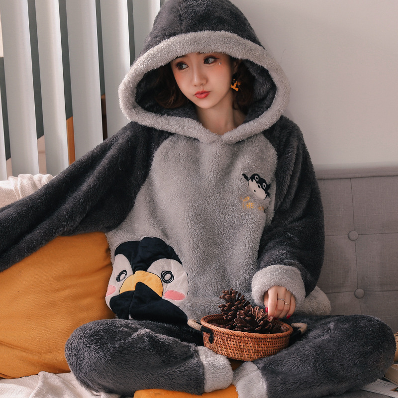 Hooded Coral Fleece For Thicken Plus Fleece Cute Winter Flannel Warm Home Service - Image 6