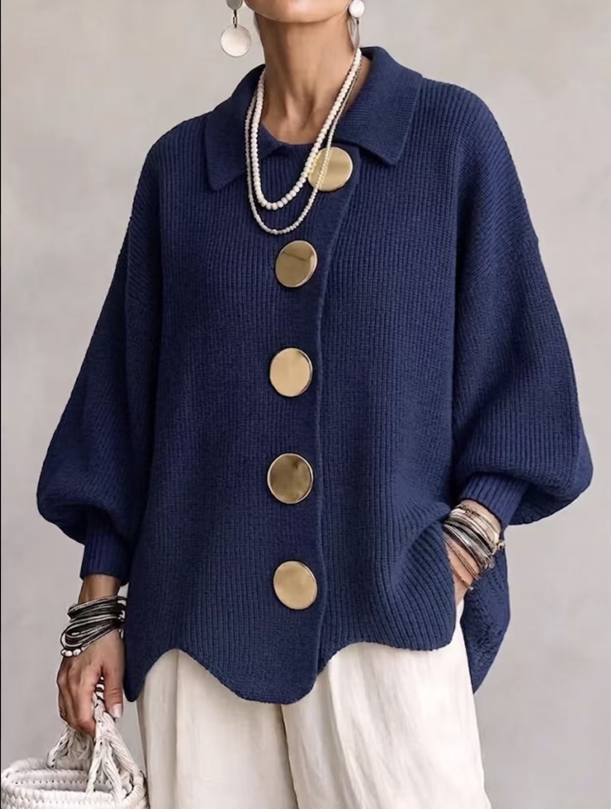 Button-down Cardigan Women's Fall Winter Lapel Button Knitted Jacket Long Sleeve Loose Fit Sweater Outerwear - Image 5