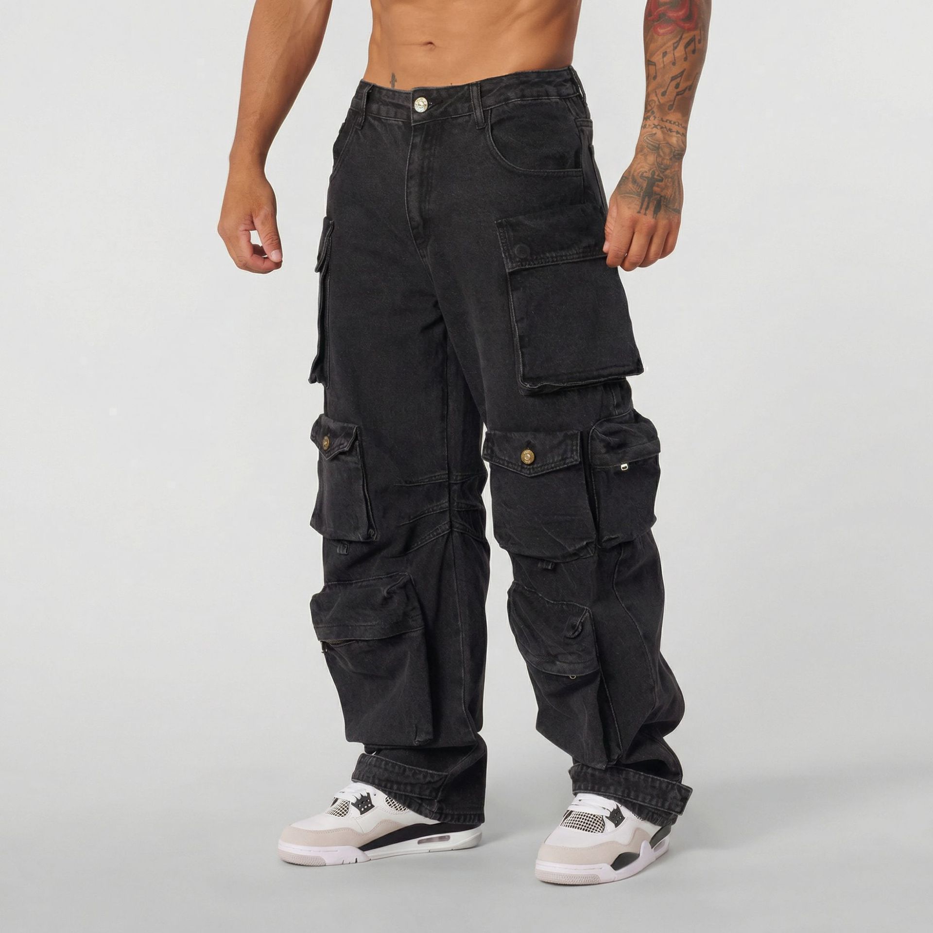 Mens Retro-style Loose-fit Washed Straight-leg Denim Jeans With Multiple Pockets - Image 3