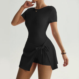 Women Solid Color Casual Yoga Jumpsuit Skirt - Outdoor Athletic Romper with Built-in Shorts for Fitness