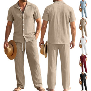 Men's Jacquard Casual Set, Short-Sleeve Single-Breasted Shirt Top & Drawstring Loose Trousers For Summer