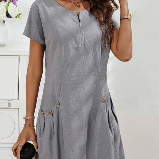 Short-sleeved Dress With Pockots And Zipper Women's Summer Clothing - Image 2