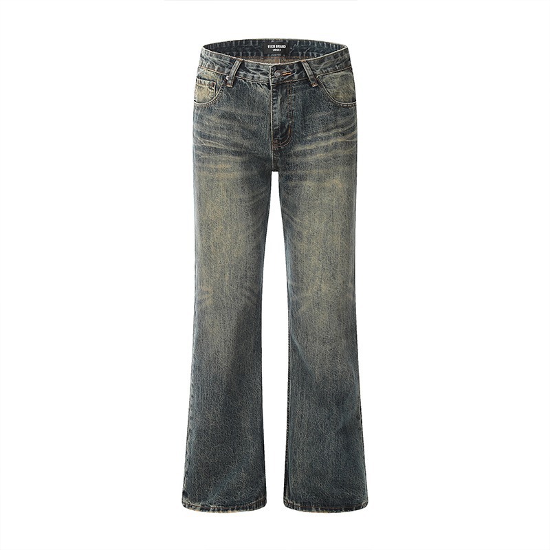 Mens American Style Retro Washed Distressed Straight Leg Jeans - Image 7