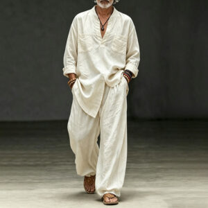 Mens Linen Vacation-Style V-Neck Loose-Fit Long-Sleeve Casual Sports Pants Set