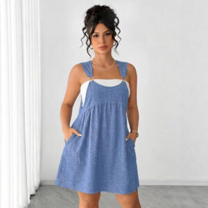 Loose denim-look strappy dress with short skirt