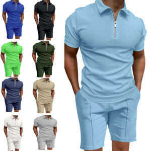 Solid-Color Waffle-Weave Short-Sleeve Slim-Fit Lapel T-Shirt Casual Set