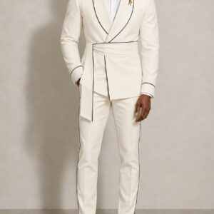 Men's Piped Shawl Collar Belted Tuxedo Suit Set