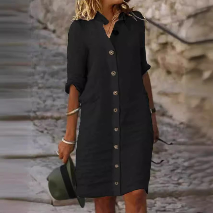 Half-sleeved Shirt Dress Summer V-neck Single-breasted Button Dresses Women's Clothing - Image 2
