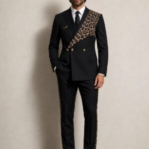 Double-Breasted 2-Piece Suit With Leopard Print Contrast Detail
