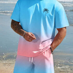 Summer Hot-Selling Gradient Coconut Tree Beach Chic Print Men's Clothing, Simple Vacation Short-Sleeve And Shorts Set