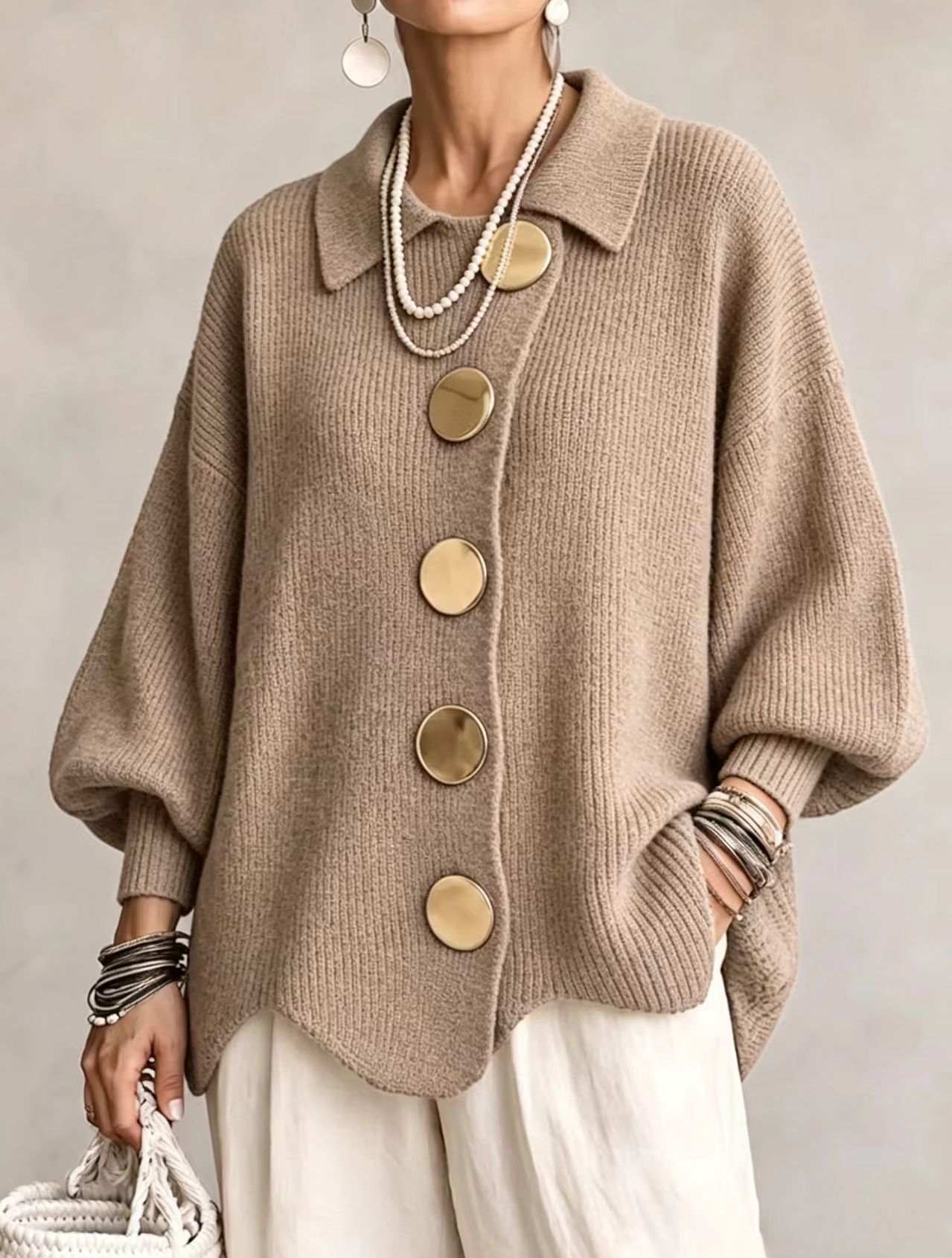 Button-down Cardigan Women's Fall Winter Lapel Button Knitted Jacket Long Sleeve Loose Fit Sweater Outerwear - Image 2
