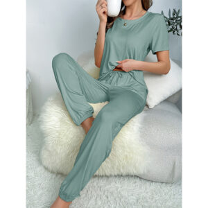 New Womens Sleepwear Set Milk Silk Short-sleeve Top And Long Pants