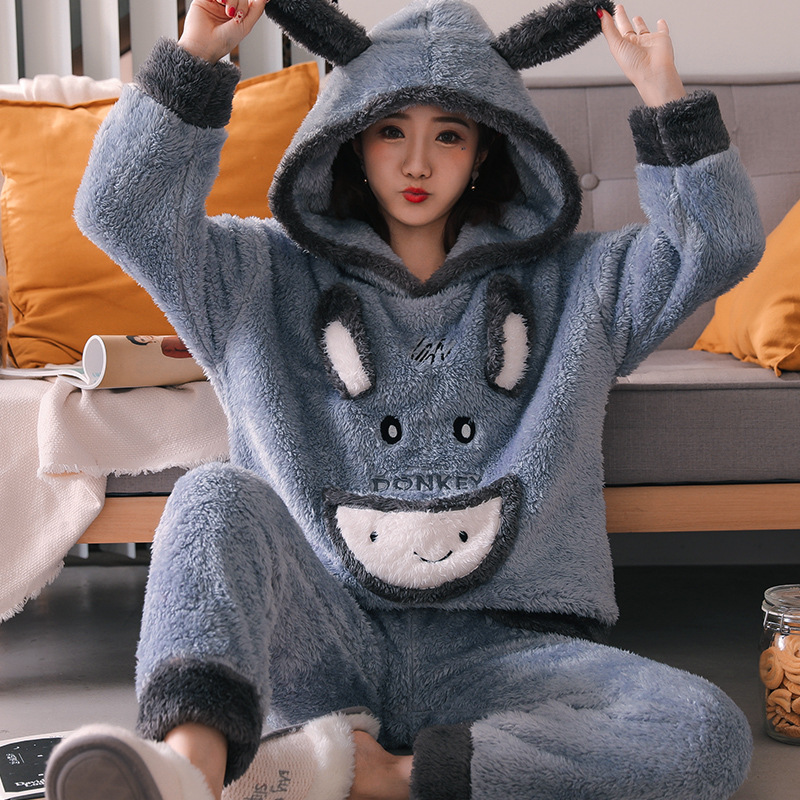 Hooded Coral Fleece For Thicken Plus Fleece Cute Winter Flannel Warm Home Service - Image 7
