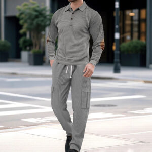 Mens Casual Sporty Two-Piece Set With Lapel Collar And Long Sleeves