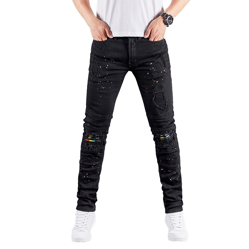 Stretch Black Jeans Biker-style Assorted Styles Patchwork Painted Effect - Image 2