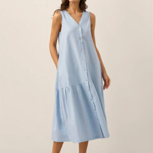 Linen blend midi dress with V-neck