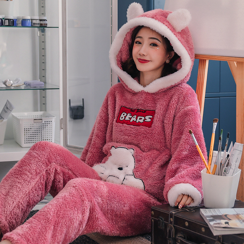 Hooded Coral Fleece For Thicken Plus Fleece Cute Winter Flannel Warm Home Service - Image 9
