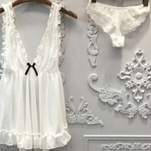 Sexy Women Nightgown+Pantie Set Deep V Lace