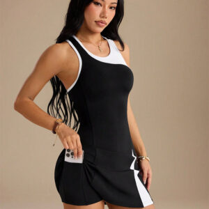 Cross-border Wholesale Color-block Tennis Wear, One-shoulder Beautiful Back Yoga Jumpsuit, Breathable And Sweat-absorbing Sports Fitness Tennis Wear