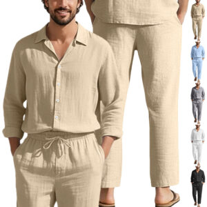 Cross-border Independent Station American Four Seasons Linen Men's Casual Loose Beach Sun Protection Long Sleeve Shirt Trousers Suit
