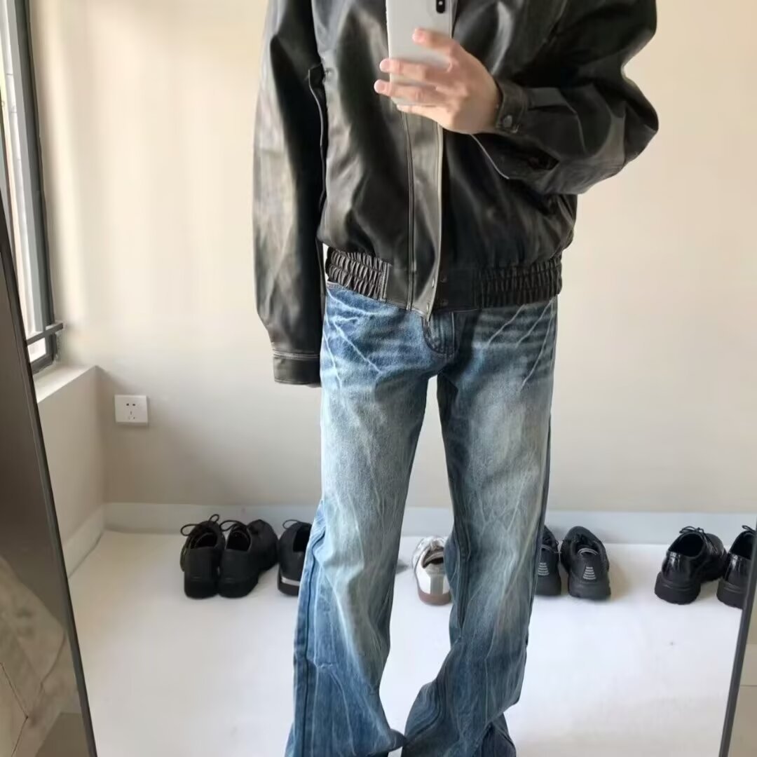 Mens Loose-fit American-style Washed-blue Jeans - Image 2