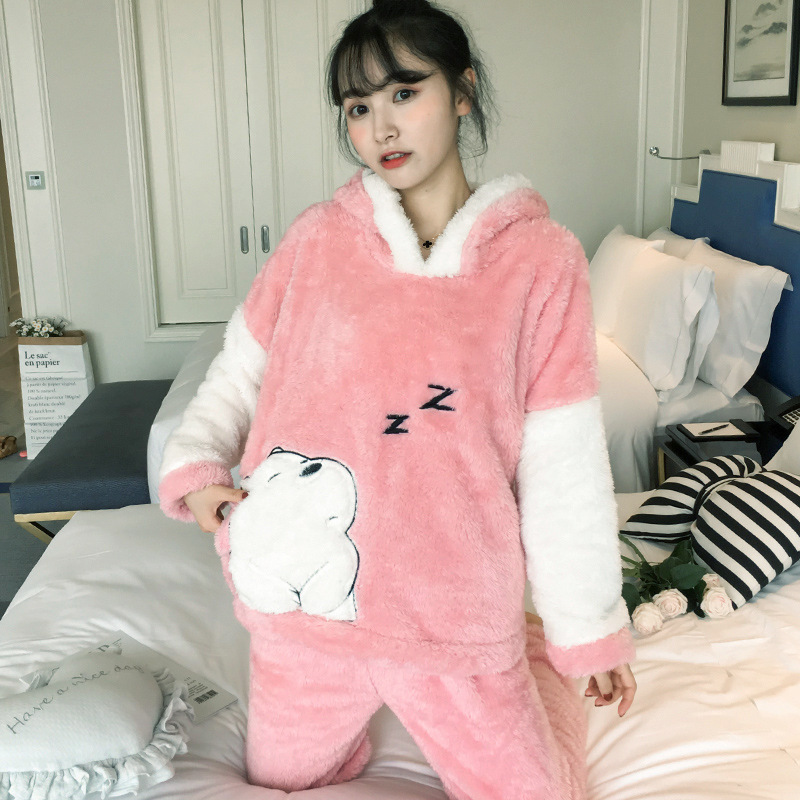 Hooded Coral Fleece For Thicken Plus Fleece Cute Winter Flannel Warm Home Service - Image 4