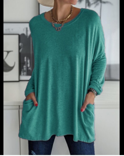 Long Sleeve Shirt Solid Color Round Neck Top Loose Fit Casual Shirt With Pocket For Women - Image 9
