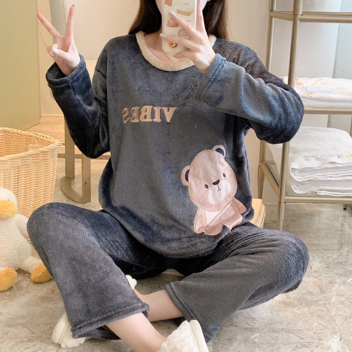 Autumn And Winter Pajamas Women's Flannel Round Neck - Image 3