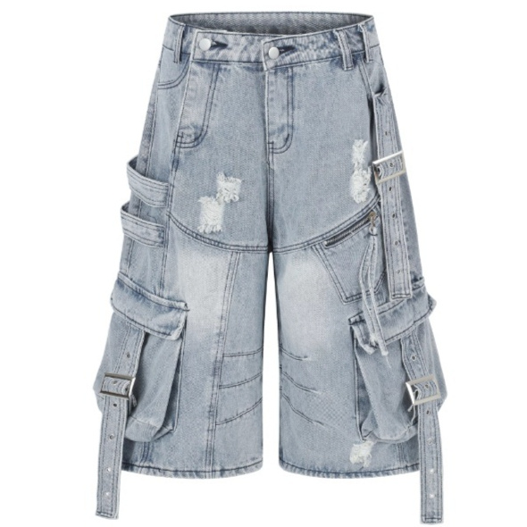 Frayed-hem Distressed Denim Capri Pants For Men And Women - Image 3