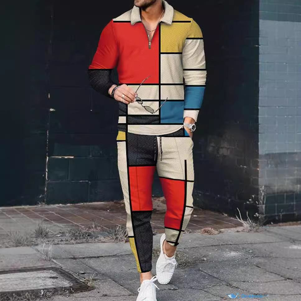 Men's Color-Block Zippered Lapel Long-Sleeved Suit - Image 2