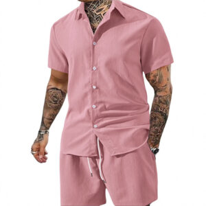 Mens Solid-Color Lapel Short-Sleeve Shirt Set