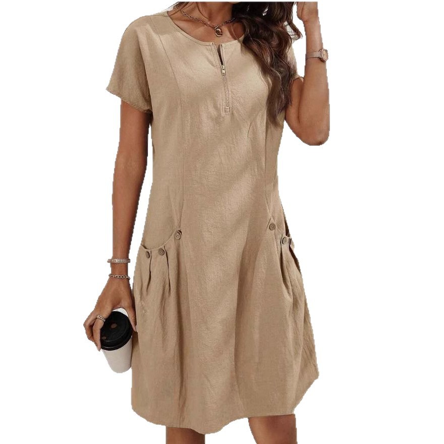 Short-sleeved Dress With Pockots And Zipper Women's Summer Clothing - Image 4