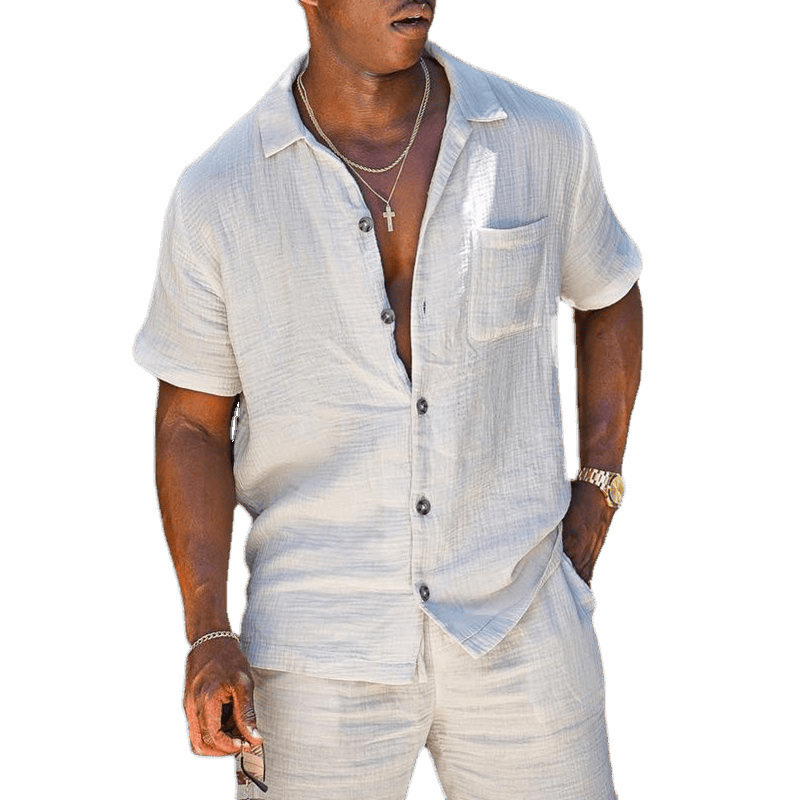 Mens Cotton-Linen Lapel Shirt And Shorts Set - Image 4