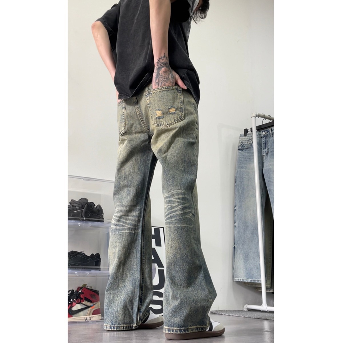 Mens American Style Retro Washed Distressed Straight Leg Jeans - Image 4
