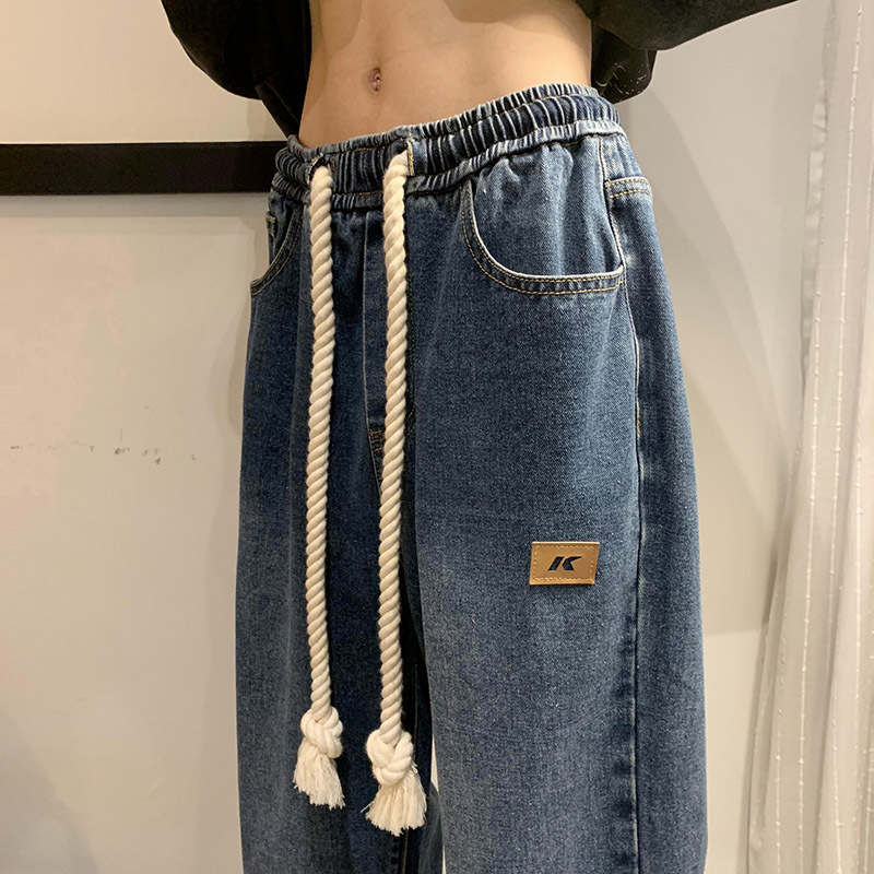 Mens Elastic-waist Drawstring Jeans Loose-fit Straight-leg Style - Image 3