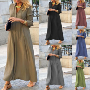 Loose-fitting long dress with V-neck