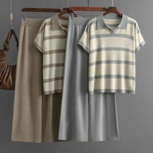 Short-sleeve Knit Top And Solid-color Loose Wide-leg Pants Two-piece Set