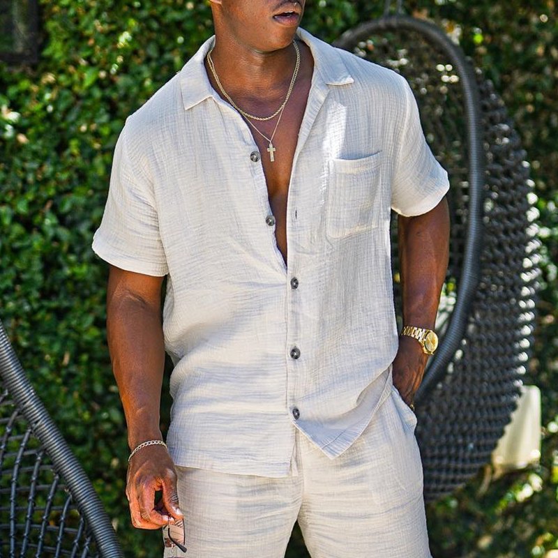 Mens Cotton-Linen Lapel Shirt And Shorts Set - Image 5