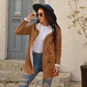 Winter Vintage Button Jackets Women's Warm Fleece Hooded Coat Casual Mid-Length Trench Top Outwear Clothing