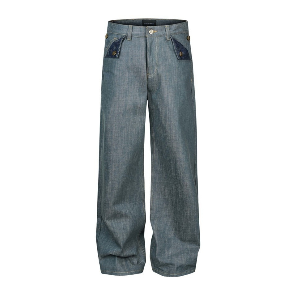 Embroidered A-line Wide-leg Straight-leg Denim Jeans For Men