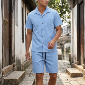 Men's Short-sleeved Shirt Solid Color Drawstring Shorts Two-piece Set