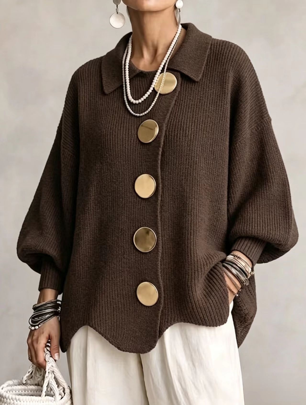 Button-down Cardigan Women's Fall Winter Lapel Button Knitted Jacket Long Sleeve Loose Fit Sweater Outerwear - Image 4