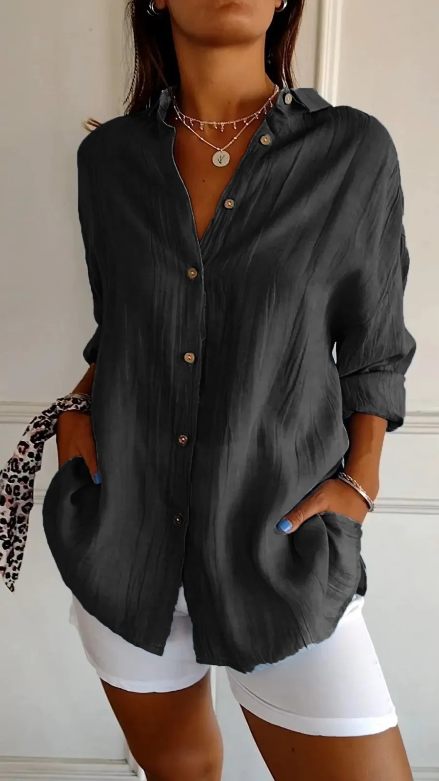 Lapel Long Sleeve Shirt Women's Single-breasted Pleated Shirt Tops Clothing - Image 3