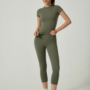 Cross-border Outdoor Sports Short-sleeve Long Pants, Capri Pants, Quick-dry High-waisted Butt-lifting Sports Suit For Women, Summer Fitness Yoga Wear