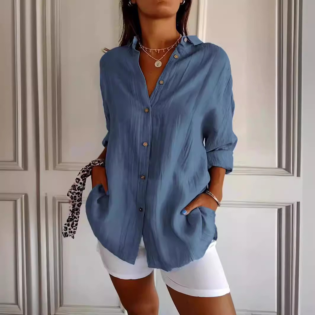 Lapel Long Sleeve Shirt Women's Single-breasted Pleated Shirt Tops Clothing - Image 4