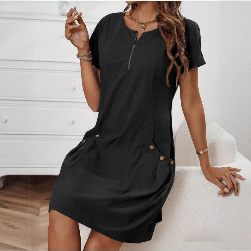 Short-sleeved Dress With Pockots And Zipper Women's Summer Clothing - Image 7
