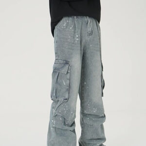 Mens Wide-leg Denim Washed Work Pants With Large Pockets