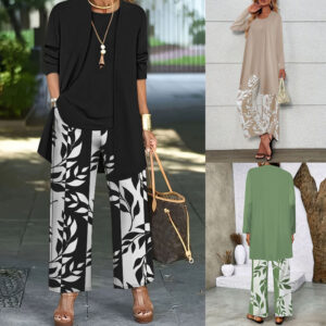 Women 3 Piece Outfit Set Open Front Long Cardigan Sleeveless Tank Top Leaf Print Wide Leg Pants Casual Matching Suit